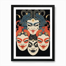 Noh Masks Japanese Style Illustration 19 Art Print