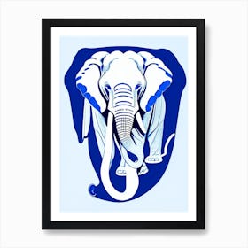 Elephant And Lotus Symbol Blue And White Line Drawing Art Print