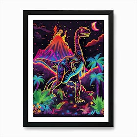 Neon Dinosaur With Volcano 1 Art Print