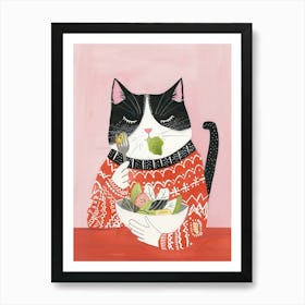 Black And White Cat Eating Salad Folk Illustration 6 Art Print