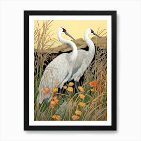 Cranes In Silver Grass 2 Vintage Japanese Botanical Art Print