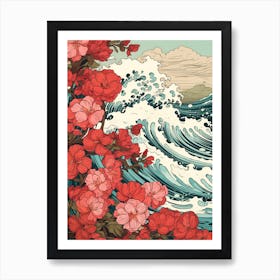 Great Wave With Bougainvillea Flower Drawing In The Style Of Ukiyo E 1 Art Print