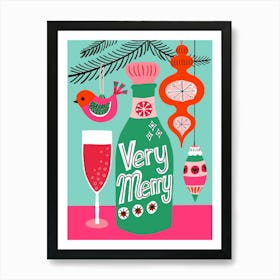 Very Merry Christmas Champagne Mid Century Modern Vintage Style Art Print