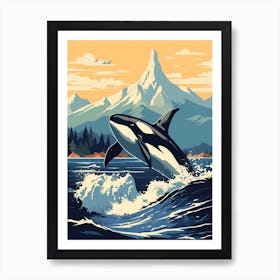 Retro Style Block Colour Orca With Waves Art Print