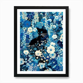 Black Cat In Blue Flowers 7 Art Print