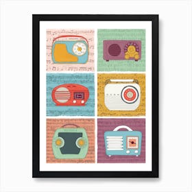 Vintage Radios Multicoloured Music Retro Art Print