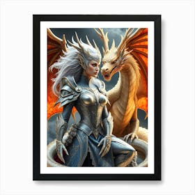 Women in Silver Armor With A Dragon Art Print