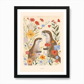 Folksy Floral Animal Drawing Otter 3 Poster Art Print