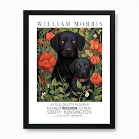 William Morris Print Black Dog Puppy Portrait Valentines Mothers Day Gift Botanical Art Print