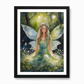 Watercolour Fairy in the Forest - Green Pretty Fairy Wings Sparkling Fairylights Enchanting Magical Fairytale Art Beautiful Lights Feature Fairycore Cottagecore HD Art Print