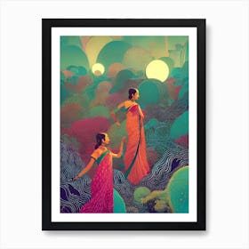 Two Women Walking In The Forest Art Print