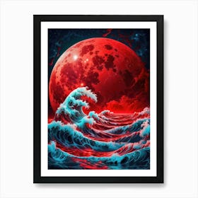 Night unveils a red full moon, casting its glow on the Great Wave of Kanagawa — a cosmic fusion of red beauty and the rhythm of water. Art Print