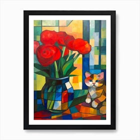Ranunculus With A Cat 1 Cubism Picasso Style Art Print