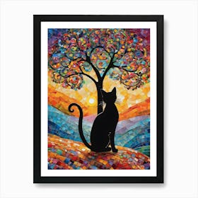 Meow Meow What a Sunset - Beautiful Rainbow Mosiac of Whimsical Black Cat Watching the Sun Set Whimsy Kitty Art for Cat Lover, Cat Lady, Chakra Pride Pagan Witch Colorful HD Art Print