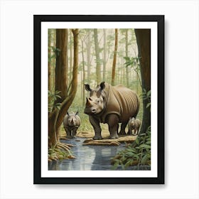 Rhino With Baby Rhinos By The Lake Art Print