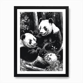 Giant Panda Playing Together In A Forest Ink Illustration 1 Art Print