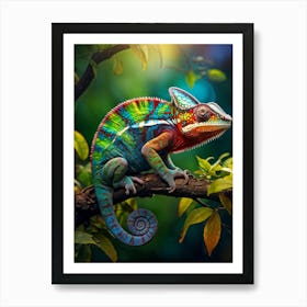 Chameleon Shifting Through A Spectrum Of Colors Perched On A Textured Branch Detailed Patterns On Art Print