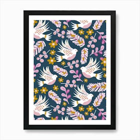 Folk Art Christmas White Doves and Pink and Gold Winter Florals on Navy Blue Art Print