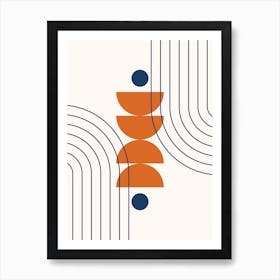 Mid Century Modern Geometric Abstract, Rainbow, Sun and Moon Phases, Scandinavian in Navy Blue Orange Art Print