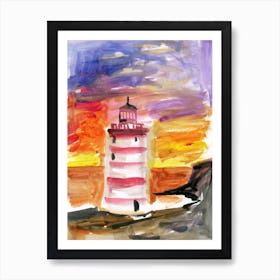 lighthouse watercolor painting hand painted sea seascep vertical orange yellow purple living room office Art Print