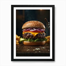 Hamburger With Fries And Onion Art Print