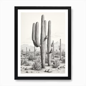 Vintage Cactus Illustration Organ Pipe Cactus B&W 2 Art Print