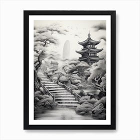 Hachijo Jima In Tokyo, Ukiyo E Black And White Line Art Drawing 2 Art Print