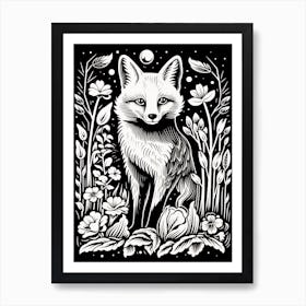 Fox In The Forest Linocut Illustration 14  Art Print