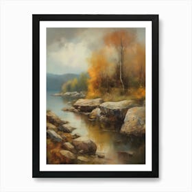 Autumn Lake,Forest Lake, Vintage Oil Painting, Farmhouse Wall Decorations, Antique Landscape, Vintage Landscape Oil Painting.8 Art Print