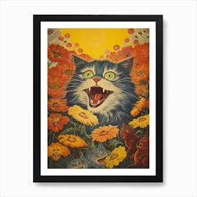 Psychedelic Cat With Flowers, Louis Wain Art Print