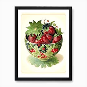 Bowl Of Strawberries, Fruit, Vintage Botanical 1 Art Print