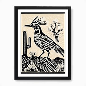 B&W Bird Linocut Roadrunner 4 Art Print