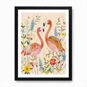 Folksy Floral Animal Drawing Flamingo 2 Art Print