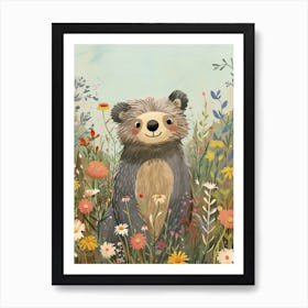 Sloth Bear Cub In A Field Of Flowers Storybook Illustration 1 Art Print