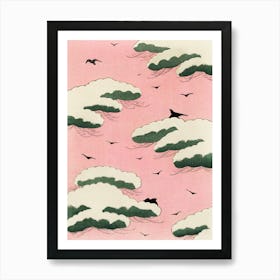 Pink Sky With Clouds And Birds, Vintage Japanese Art Art Print