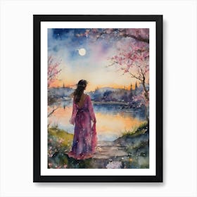 Rose Blossom Lady ~ Sacred Spirit Watercolor Full Moon Witchcraft Beautiful Pagan Woman Sakura Spring Painting Art Print