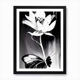 Lotus And Butterfly Symbol Black And White Painting Art Print