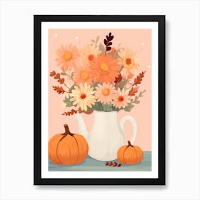 Pitcher With Sunflowers, Atumn Fall Daisies And Pumpkin Latte Cute Illustration 8 Art Print