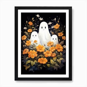 Cute Bedsheet Ghost, Botanical Halloween Watercolour 13 Art Print