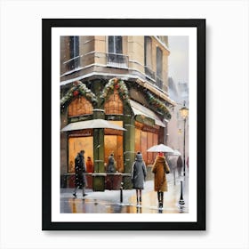 Paris cafes, winter season, Christmas, autumn oil colors, pale colors, pedestrians in the street, winter clothes, falling snow.Christmas decorations.6 1 Art Print