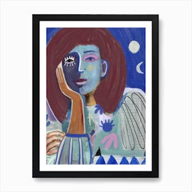 Woman Portrait With Blue And Turquoise Art Print