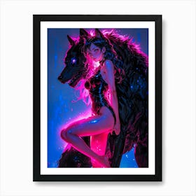 Sleek black wolf girl — a seductive dark werewolf in neon glow, igniting desires in the vivid world of animal fantasy and sexy manga. Art Print