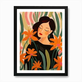 Woman With Autumnal Flowers Heliconia Art Print