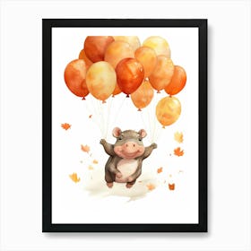 Hippopotamus Flying With Autumn Fall Pumpkins And Balloons Watercolour Nursery 4 Art Print