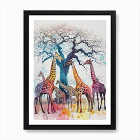 Giraffe Herd Under The Tree Watercolour 1 Art Print