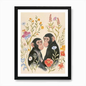 Folksy Floral Animal Drawing Chimpanzee 3 Art Print