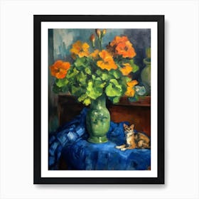Flower Vase Delphinium With A Cat 2 Impressionism, Cezanne Style Art Print
