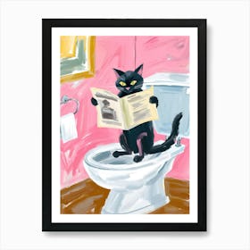 Black Cat Reading A Newspaper in the bathroom Art Print