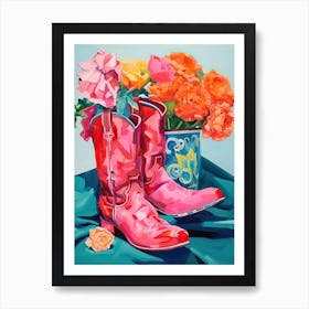 Oil Painting Of Pink And Red Flowers And Cowboy Boots, Oil Style 11 Art Print