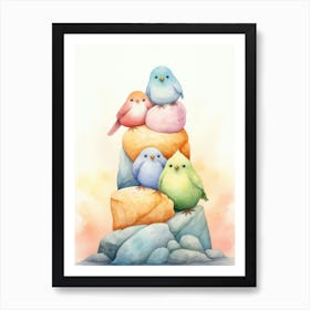 Colorful Birds On Rocks Art Print